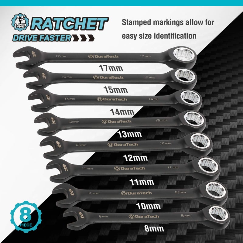 DURATECH Ratcheting Combination Wrench Set, 144-P, Double-Stacked Pawls, 8 Piece, Metric, 8, 10, 11, 12, 13, 14, 15, 17mm, CR-V Steel, Black Chrome Plated, with Organizer Pouch - Image 4
